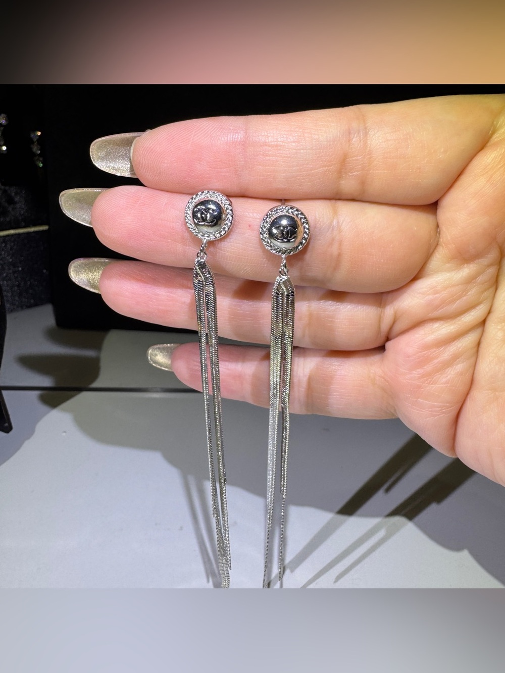 S925 Posts Silver Long Chain Tassel Statement Earrings